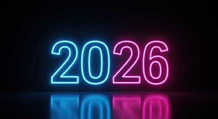 Neon 2026: Futuristic Glowing Year, Blue and Pink, Dark Background.