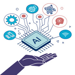 Vector art of a hand holding a microchip with ai inscription surrounded by icons concept of artificial intelligence, machine learning, neural networks, and modern technologies
