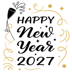 Vector art of a festive design featuring the text happy new year 2027 with a champagne glass and decorative swirls perfect for greeting cards and party invitations