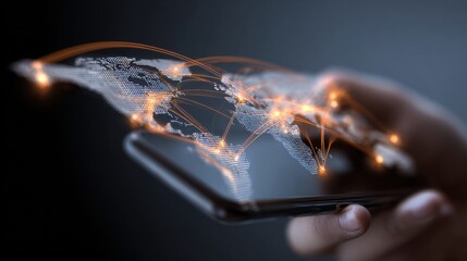 Global Connection: A smartphone glows, illuminating a network of global connections. It represents technology, information, and worldwide communication.