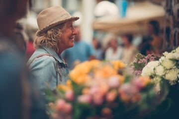 candid photo of a person buying flowers at an outdoor market, soft bright tones.