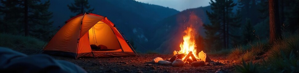Cozy campfire scene at night, glowing embers casting warm light on sleeping bag and tent, creating a feeling of wilderness comfort and serenity , campfire glow, embers