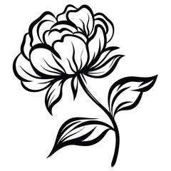 A bold black outline of an isolated rose flower gracefully blooms on white