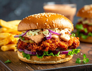 Delicious crispy chicken burger served in a bun with fresh coleslaw and spicy mayonnaise. Ideal for street food, fast food menus, comfort food, and fried chicken concepts.