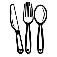 A classic fork, knife, and spoon set is displayed in elegant monochrome style