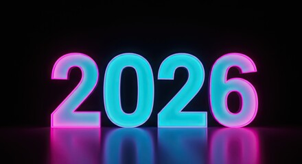 Neon 2026: Glowing Turquoise Numbers with Pink Outline on Reflective Black Surface