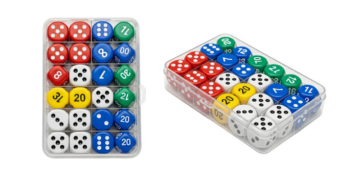 Colorful Dice Set in a Clear Plastic Case.