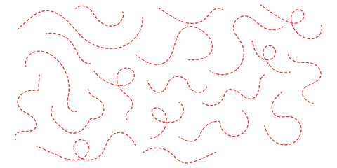 Hand drawn squiggle line. Trip dashed trace destination track path line collection. Long dashed spiral wavy line. Curve dotted line. Border design, traveling symbol, divider element
