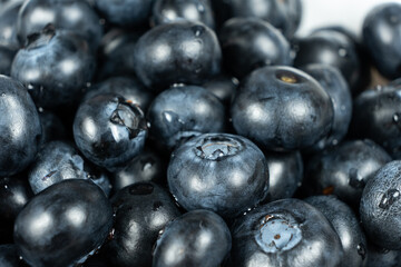 Fresh blueberries in drops of water close-up, berry background