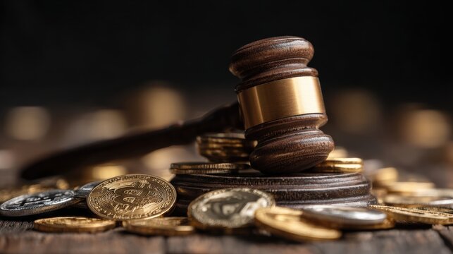Legal Tender and Digital Currency: A gavel rests above a collection of gold coins, highlighting the intersection of law and cryptocurrency.