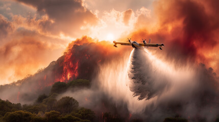 Obraz premium Firefighting aircraft releasing water over a forest wildfire at sunset. Dramatic lighting and smoke-filled sky enhance the scene