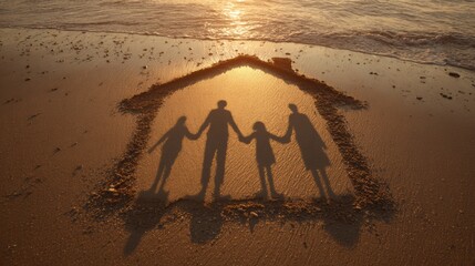 Family Home Silhouette on the Shore: A warm silhouette of a family within the outline of a house drawn into the sand, evoking feelings of security, belonging.