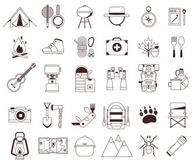 Hiking and Camping Icon Set in Line Art