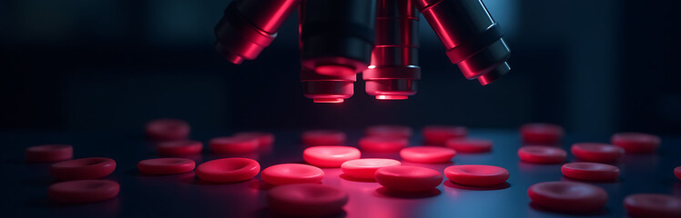 dimly lit microscope captures cluster bright red blood cells suspended darkest background uniform shape vibrant