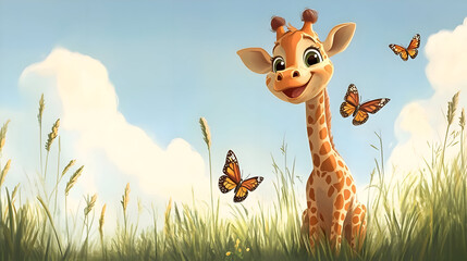 Cute giraffe and butterflies