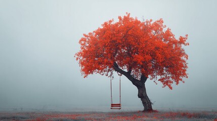 Single strong oak tree with swing tied to branch, leaves fiery red, standing alone in misty field. Symbolic of strength, memory, ethereal mood.