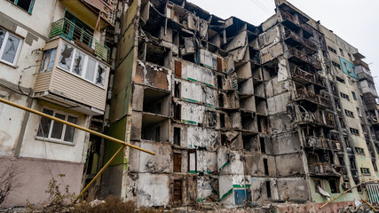 ruined street and destroyed houses in Kiev war in Ukraine