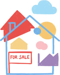 Childlike hand-drawn house with a "For Sale" sign and abstract elements