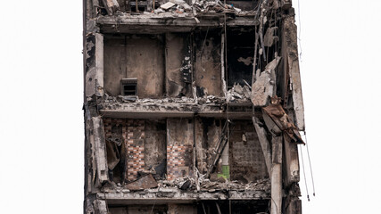 ruined street and destroyed houses in Kiev war in Ukraine