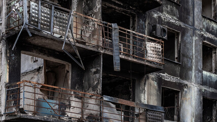 ruined street and destroyed houses in Kiev war in Ukraine