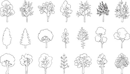 Collection of black and white line art trees of various species, minimalistic botanical illustrations for design and nature themes.
