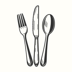 A stylized black and white shows a knife, fork and spoon in sequence