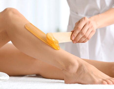 Woman receiving sugaring hair removal treatment