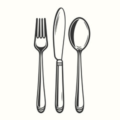 A vintage monochrome cutlery set features a knife, fork, and spoon ready for elegant dining
