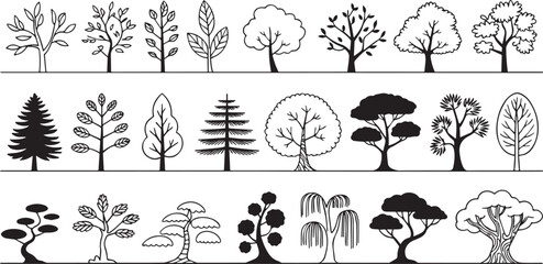 Set of black and white line art arboreal forms with various tree silhouettes, botanical illustrations for design and nature projects.
