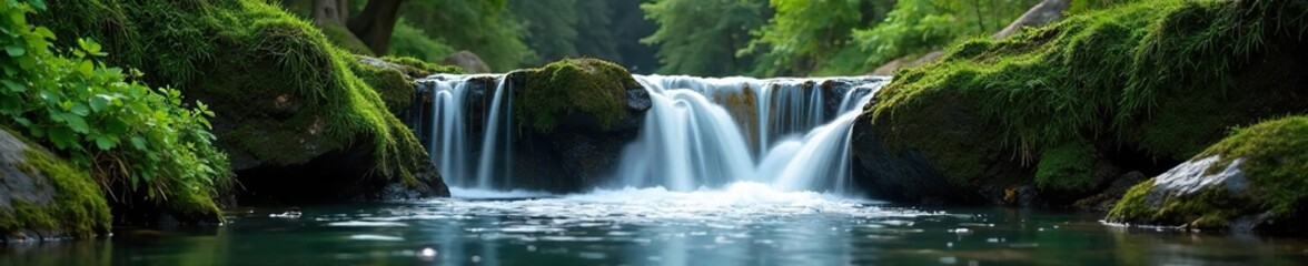 Fototapeta premium Serene waterfall cascading over mossy rocks, creating a tranquil and relaxing atmosphere Perfect for meditation, spa, or nature themes Enjoy the peaceful sounds of nature , idyllic, eco-tourism