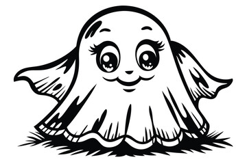 Adorable cartoon ghost has cute eyelashes and sits sweetly upon some grassy ground here