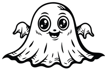 Adorable cartoon ghost with big eyes and cute smile features outlined in bold black lines