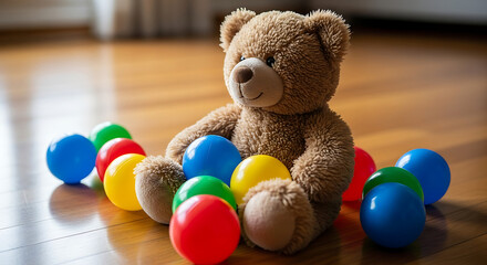 A cozy scene: a teddy bear, a collection of balls, and the comforting texture of a wood floor.


