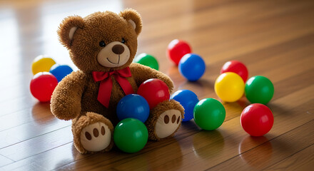 The simple charm of childhood: a teddy bear and its toys scattered across a natural wood floor.

