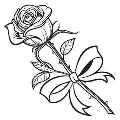 Elegant single black and white line art drawing of a rose with leaves and a decorative ribbon tied around its stem
