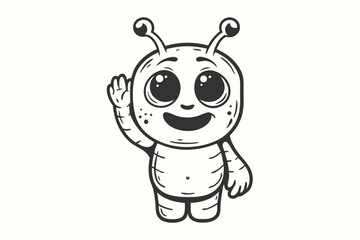 Adorable happy bug character smiling and waving cheerfully with its right hand outlined in black