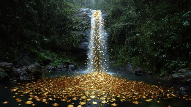 Golden Cascade: A breathtaking waterfall cascades into a shimmering pool, with its water transforming into streams of golden coins, embodying wealth and abundance.