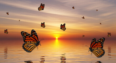 A magical moment: vibrant butterflies dance above a calm ocean as the sun dips below the horizon.

