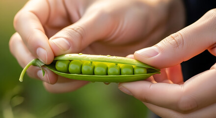 A moment of freshness: hands carefully peel back a pea pod's protective shell.

