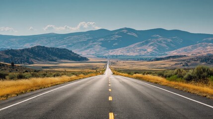Naklejka premium Open Road into the Horizon: The image captures a perspective view of an open road disappearing into the horizon, inviting viewers to embark on a journey of discovery and exploration.