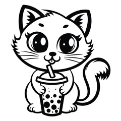 Adorable kitten enjoys tapioca drink with a straw in black and white