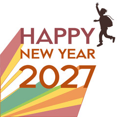 Happy new year 2027 greeting with a silhouette of a person jumping for joy and colorful rays of light