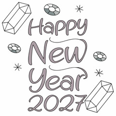 Happy new year 2027 greeting with decorative crystals and starbursts in a playful hand drawn style
