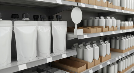 Shelves displaying various white product containers, organized for retail sale.