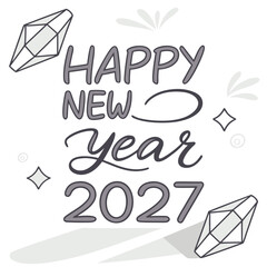 Happy new year 2027 greeting with stylized crystals and festive sparkles on a clean white background