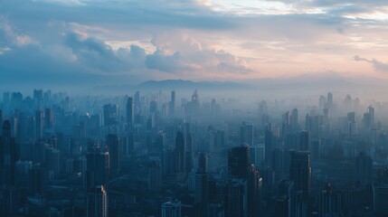 Fototapeta premium Misty cityscape at dusk with illuminated skyscrapers and distant mountains