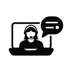 An abstract Asian woman with headset engages in online chat from her laptop
