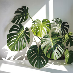 Monstera deliciosa plant leaves illuminated by sunlight