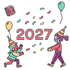 Two cartoon children wearing party hats and masks celebrate the arrival of the year 2027 with balloons and confetti