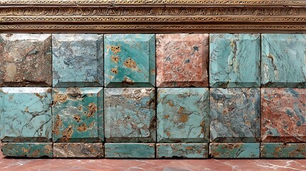 the image showcases a patterned wall composed of square blocks arranged in a grid